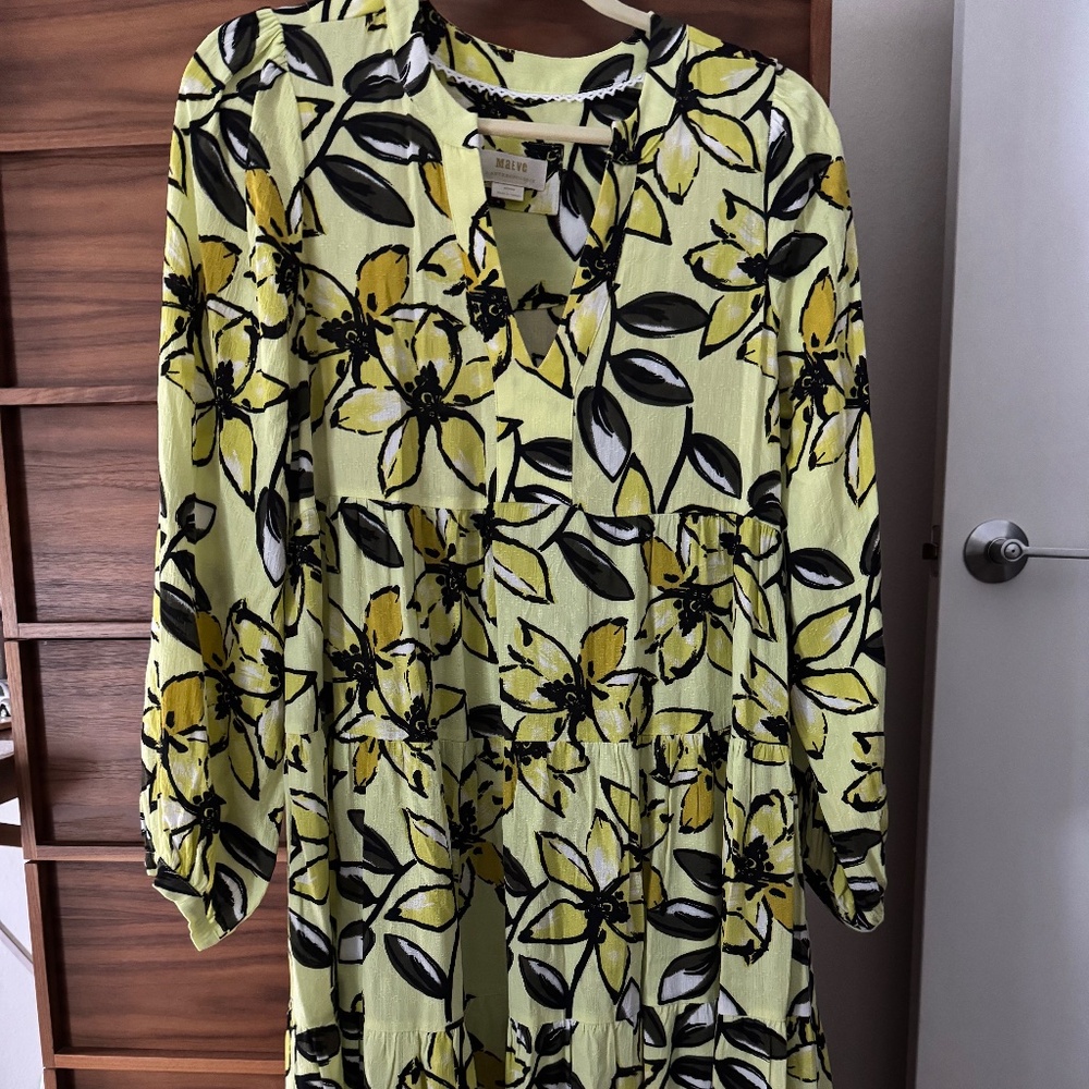 🌼 Maeve by Anthropologie Yellow Floral Tiered Midi Dress – Medium